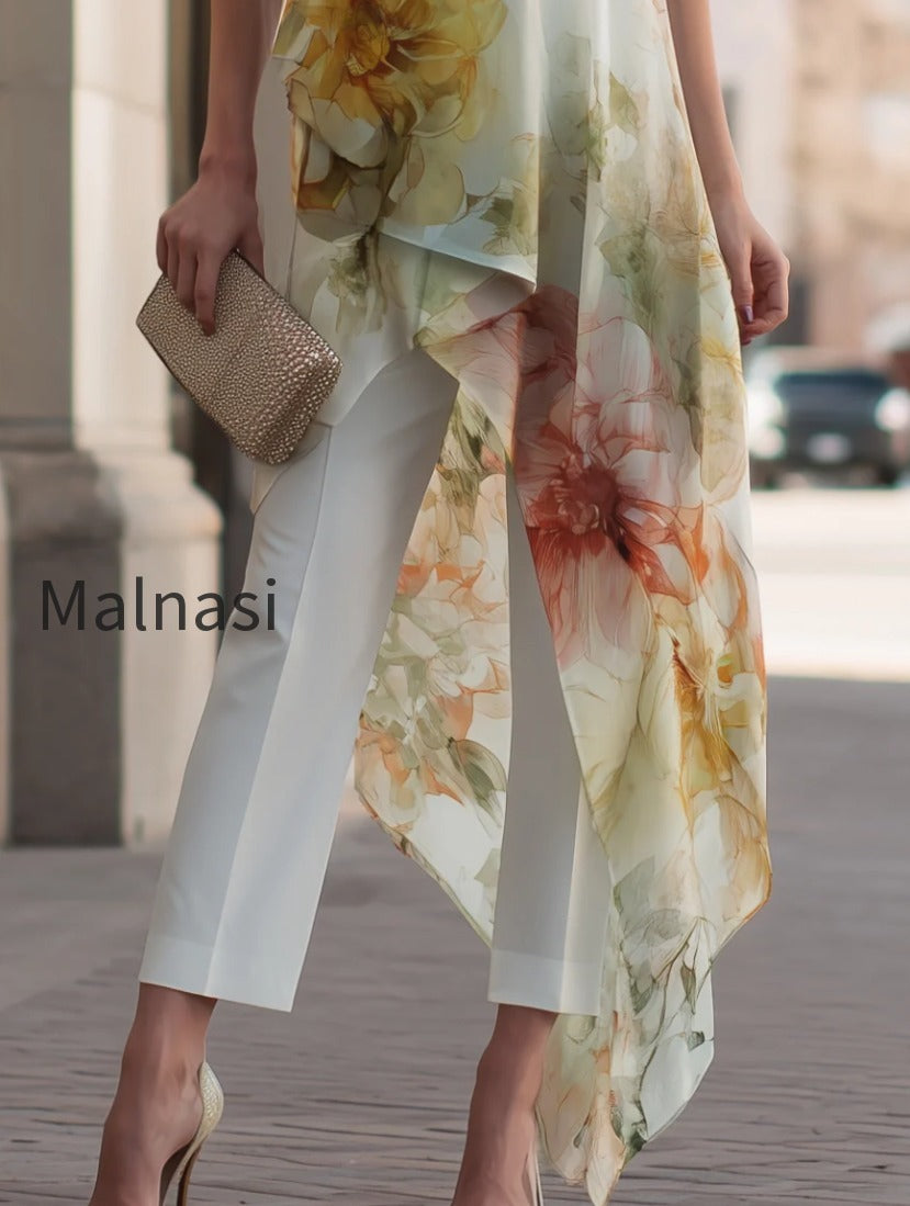 sheer-floral-asymmetric-overlay-top-tailored-pants-set