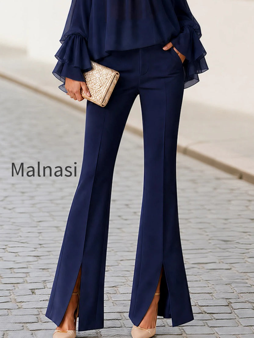 halter-cold-shoulder-ruffle-chiffon-top-front-slit-flare-pants-two-piece-set