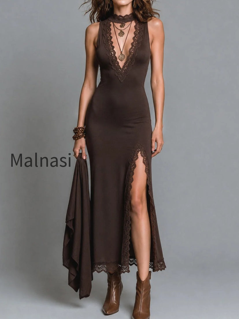 retro-knit-cardigan-lace-trim-thigh-slit-maxi-dress-set