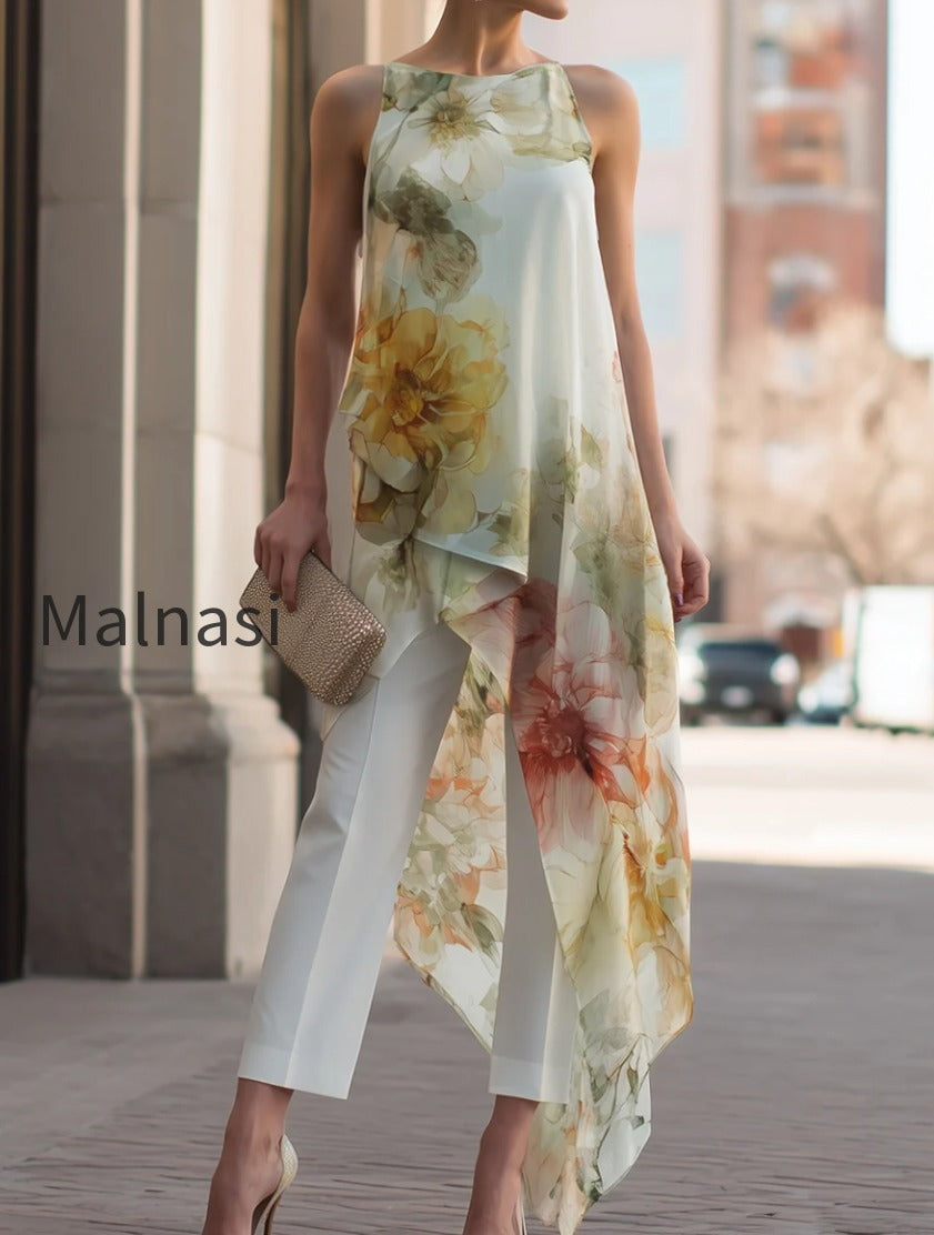 sheer-floral-asymmetric-overlay-top-tailored-pants-set