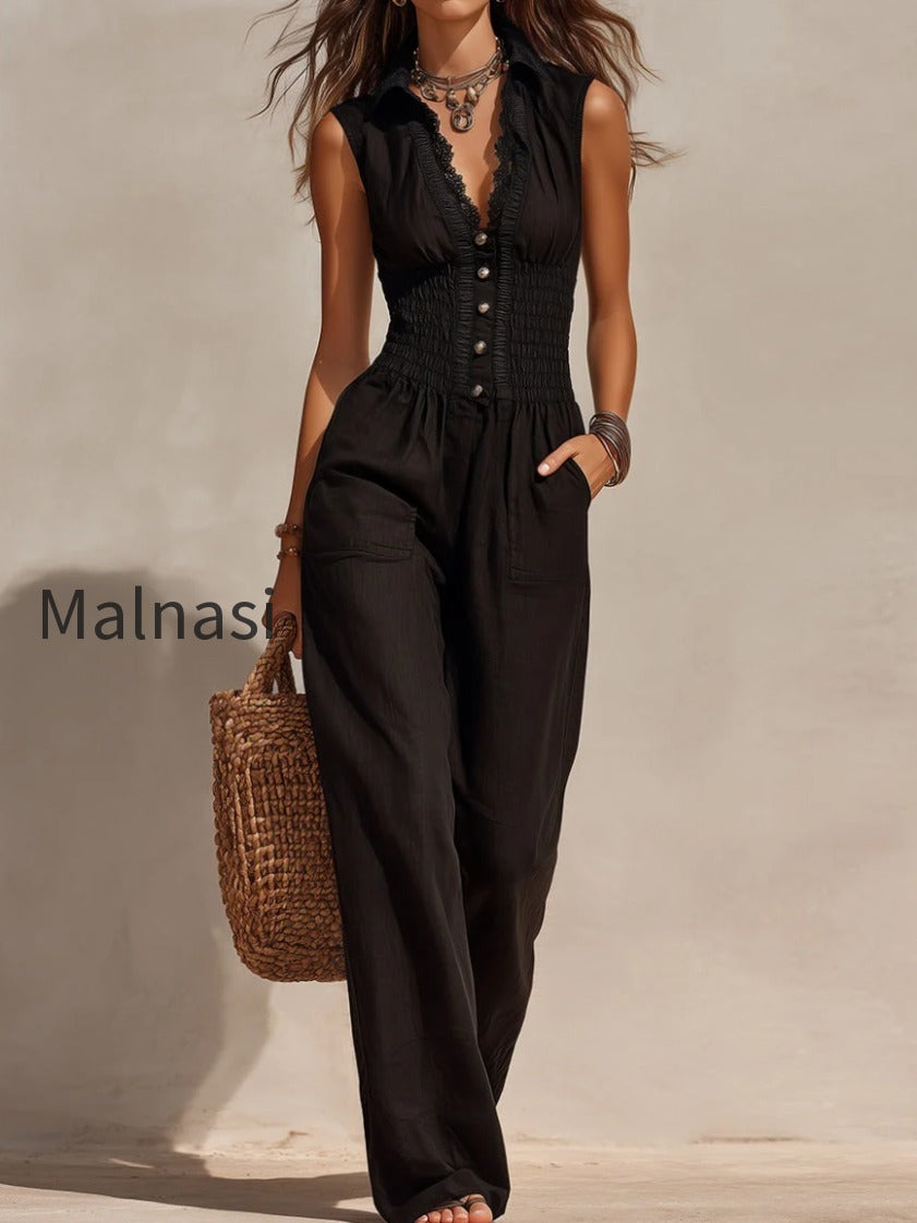 shirt-collar-tencel-jumpsuit-with-lace-trim-and-shirring