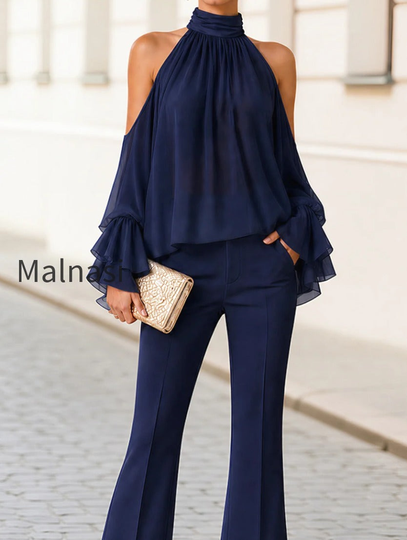 halter-cold-shoulder-ruffle-chiffon-top-front-slit-flare-pants-two-piece-set