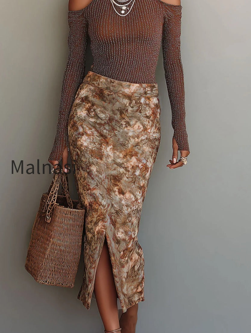 retro-shimmer-cut-out-shoulder-top-oil-painting-floral-print-front-slit-skirt-set