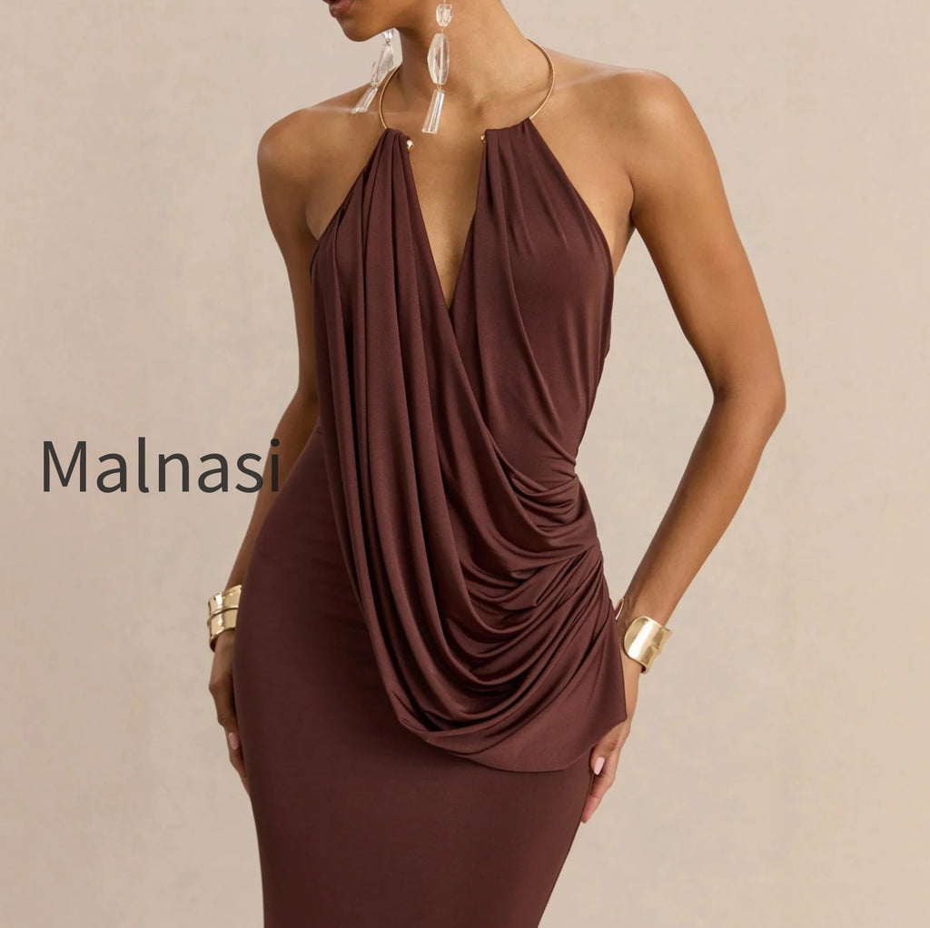 ruffle-cowl-neck-bodycon-maxi-dress