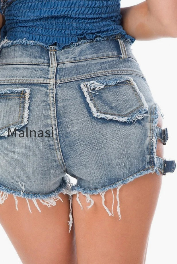 buckle-strap-cutout-denim-shorts