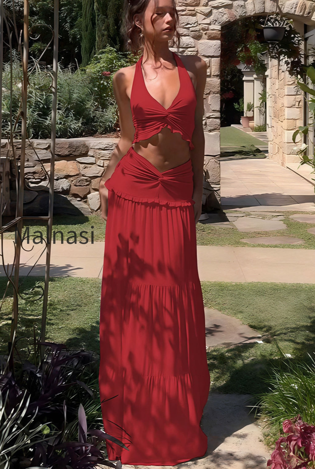 sexy-pleated-halter-top-ruffle-maxi-skirt-set