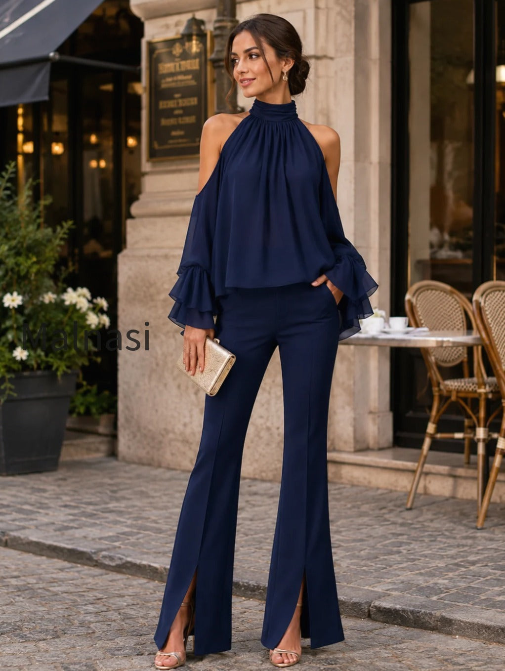 halter-cold-shoulder-ruffle-chiffon-top-front-slit-flare-pants-two-piece-set