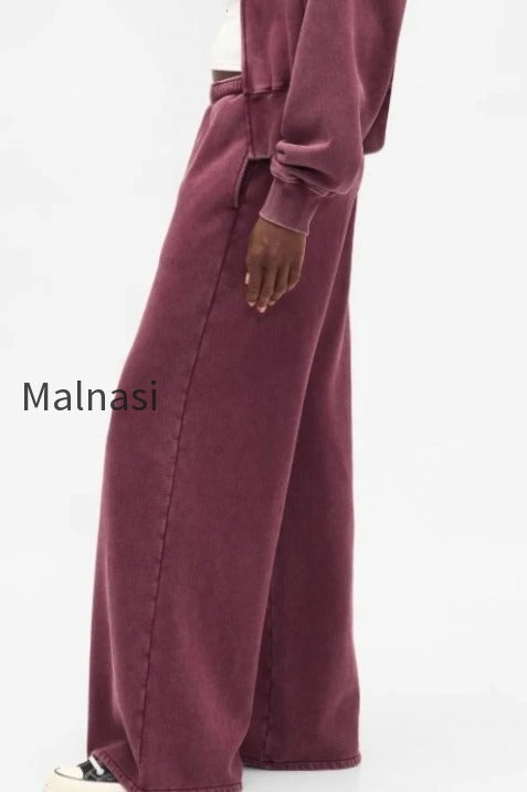 retro-solid-hooded-zipper-loose-two-piece-set