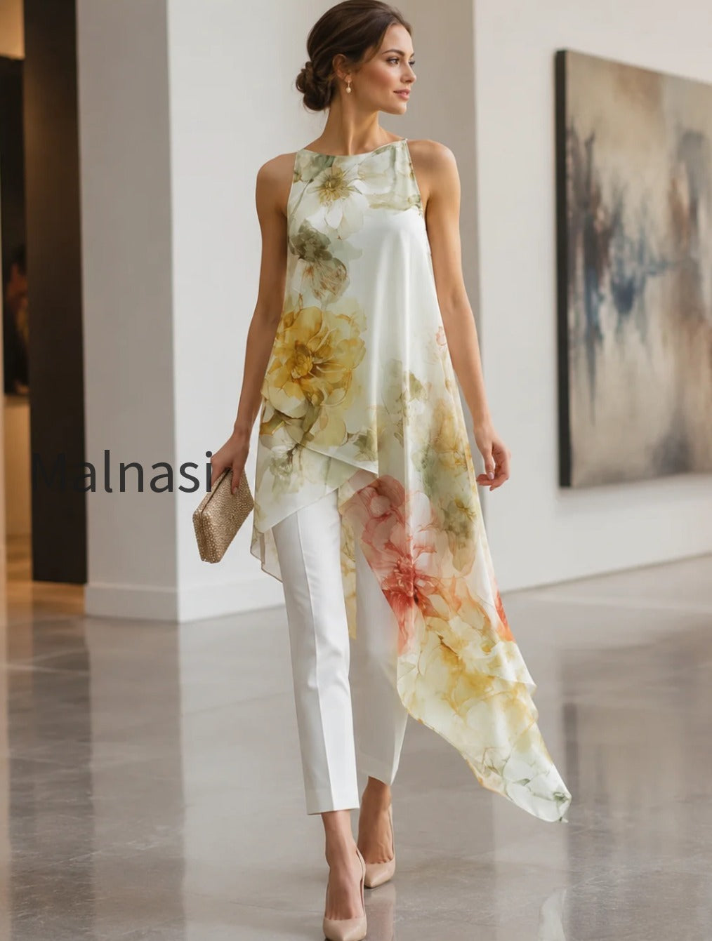 sheer-floral-asymmetric-overlay-top-tailored-pants-set