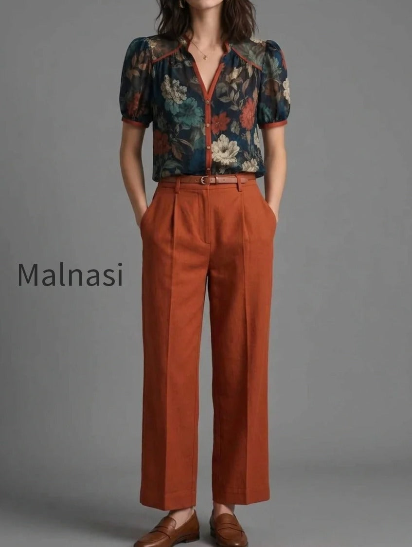 dark-floral-sheer-blouse-rust-wide-leg-trousers-set
