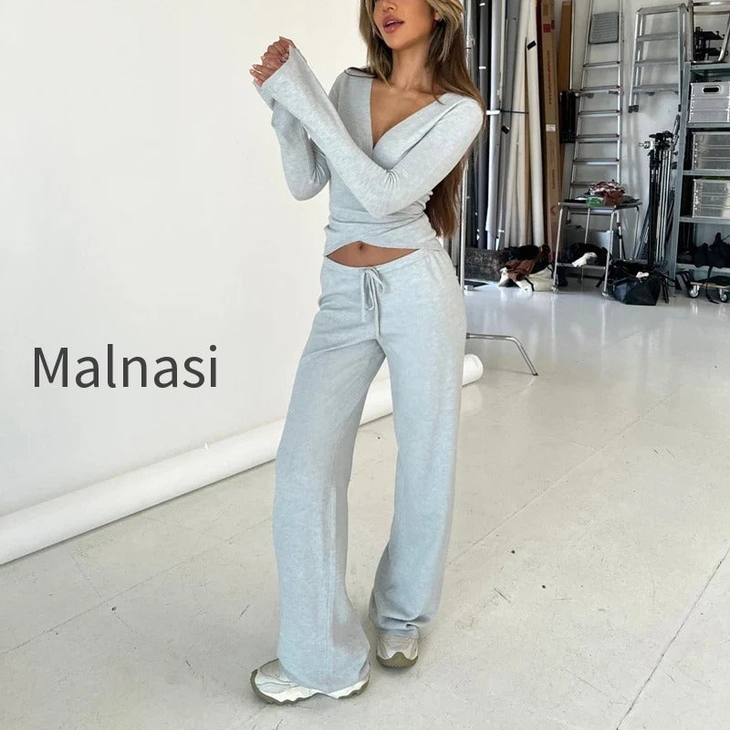 v-neck-tie-waist-two-piece-set