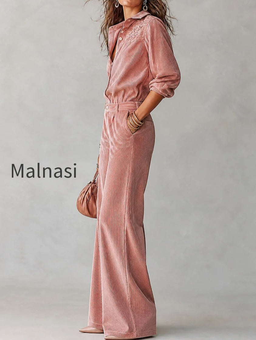 boho-corduroy-lace-trim-shirt-wide-leg-pants-set