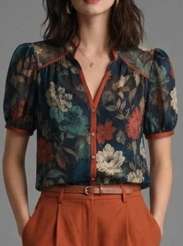 dark-floral-sheer-blouse-rust-wide-leg-trousers-set
