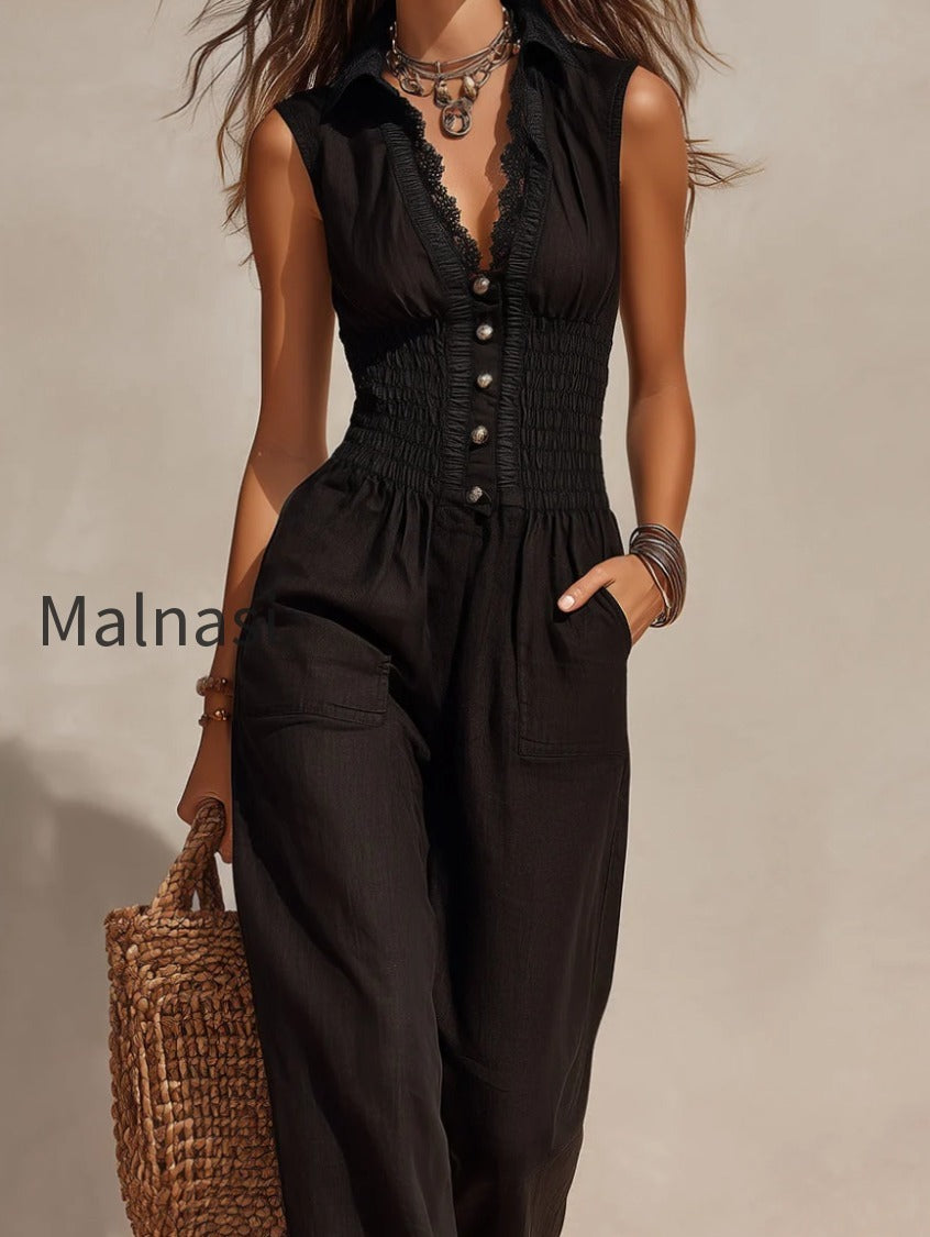 shirt-collar-tencel-jumpsuit-with-lace-trim-and-shirring