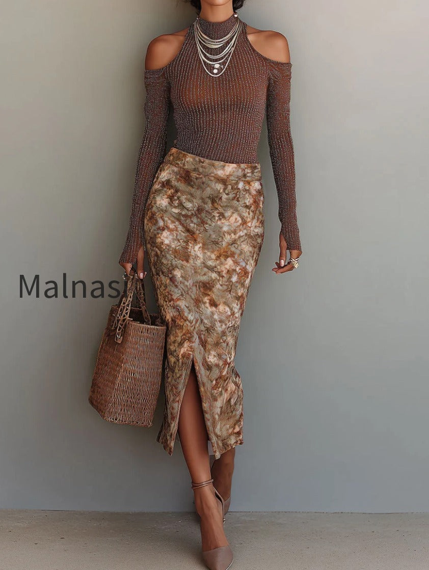 retro-shimmer-cut-out-shoulder-top-oil-painting-floral-print-front-slit-skirt-set
