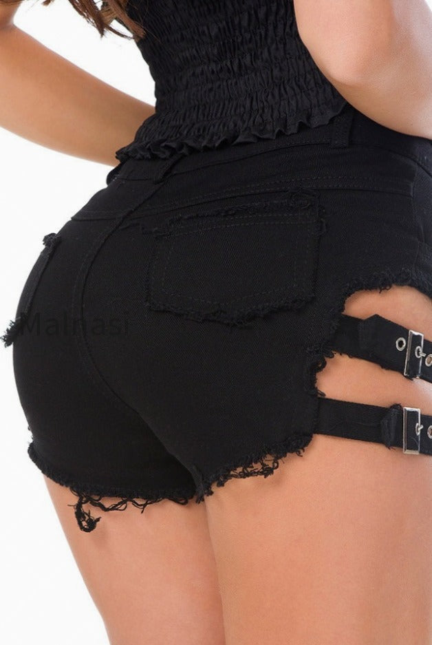 buckle-strap-cutout-denim-shorts