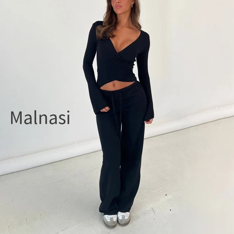 v-neck-tie-waist-two-piece-set