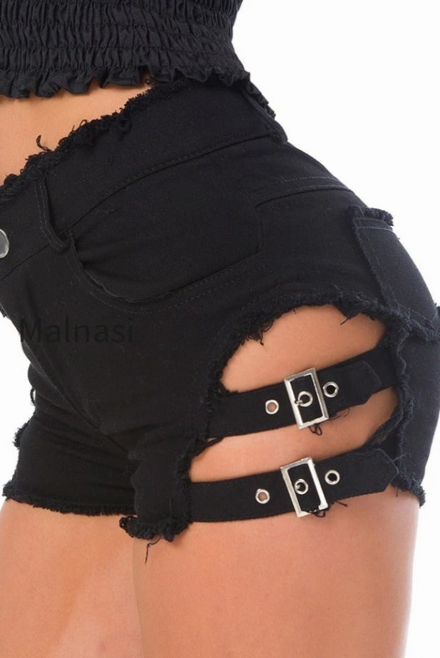 buckle-strap-cutout-denim-shorts