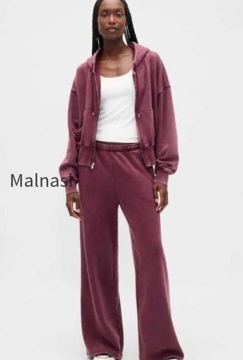 retro-solid-hooded-zipper-loose-two-piece-set