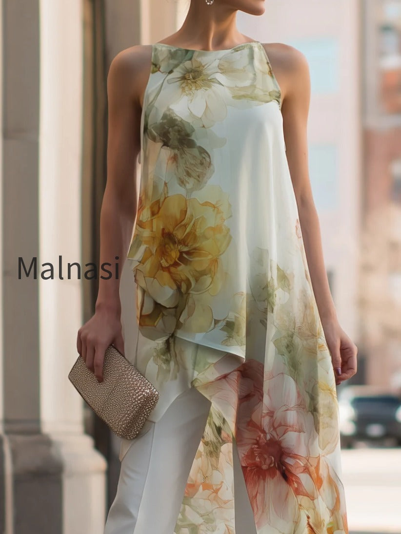 sheer-floral-asymmetric-overlay-top-tailored-pants-set