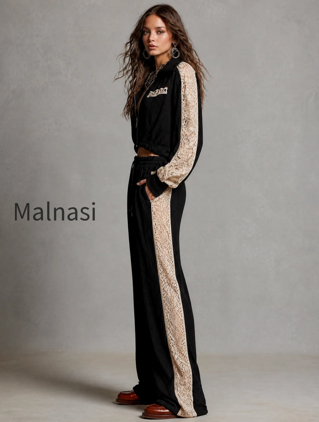 zip-up-collar-cropped-ribbed-jacket-with-lace-patch-sleeve-drawstring-waist-ribbed-wide-leg-pants-two-piece-set