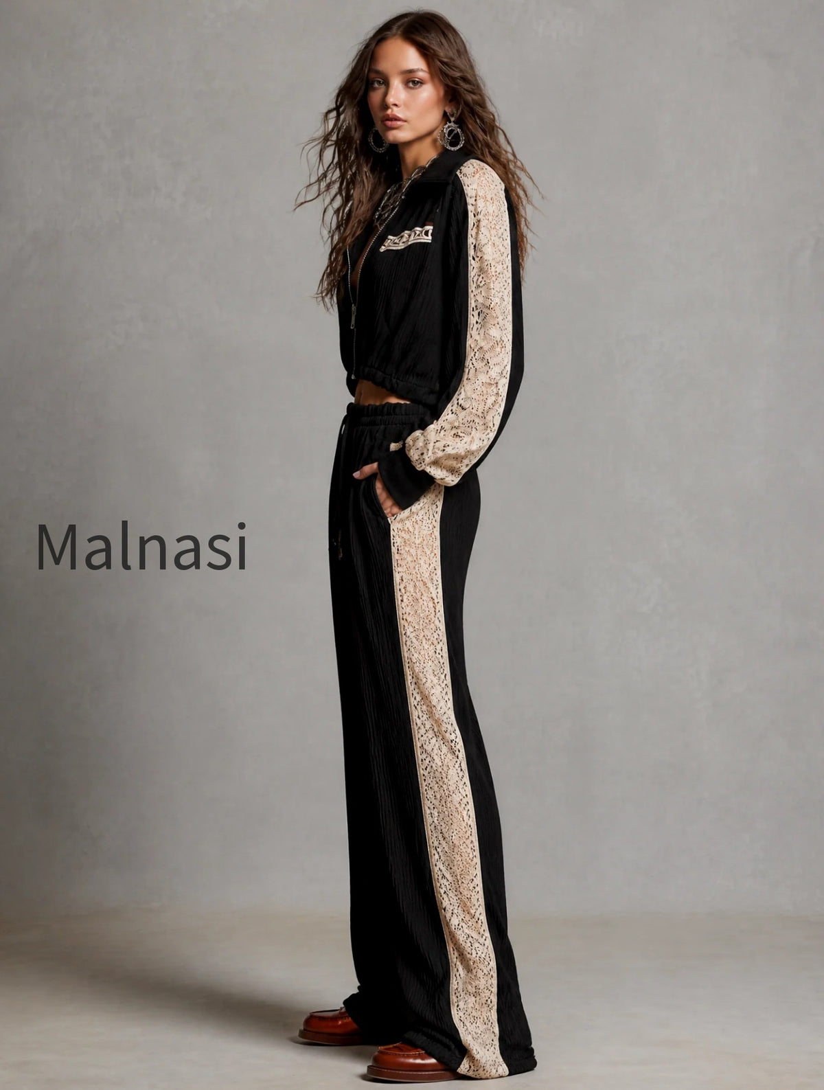 zip-up-collar-cropped-ribbed-jacket-with-lace-patch-sleeve-drawstring-waist-ribbed-wide-leg-pants-two-piece-set