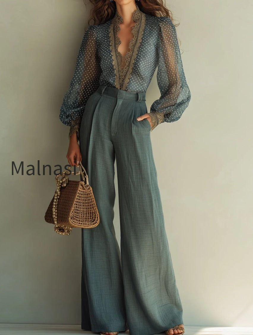retro-polka-dot-blouse-with-lace-trim-cotton-linen-pants-set