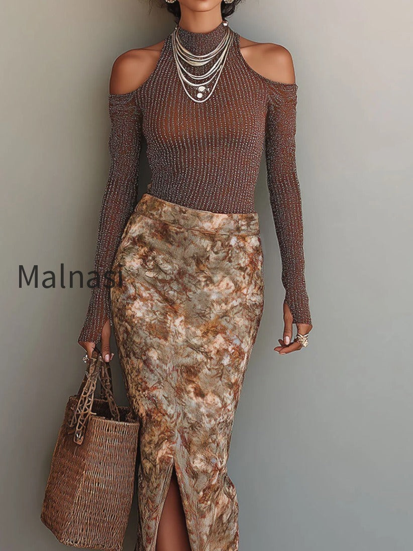 retro-shimmer-cut-out-shoulder-top-oil-painting-floral-print-front-slit-skirt-set