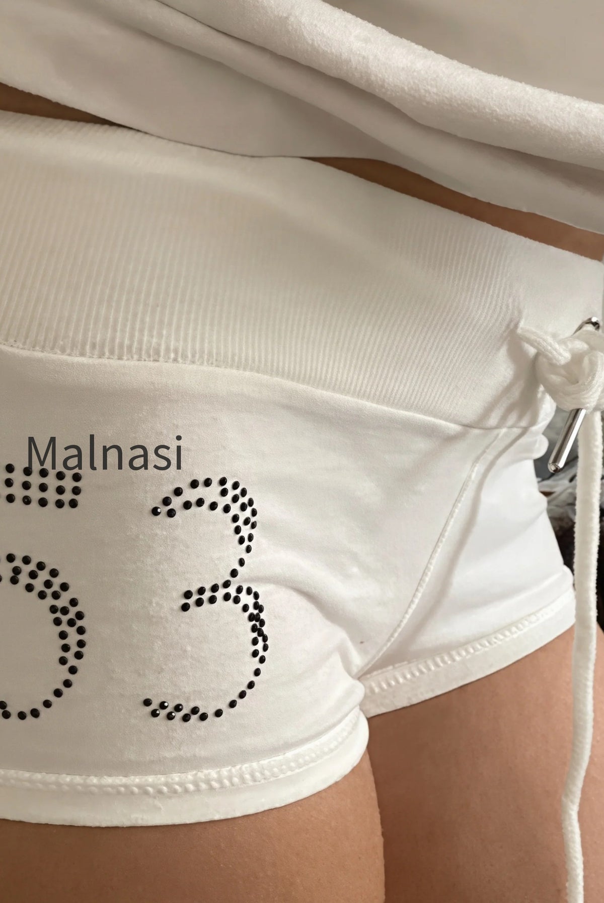 rhinestone-number-drawstring-shorts