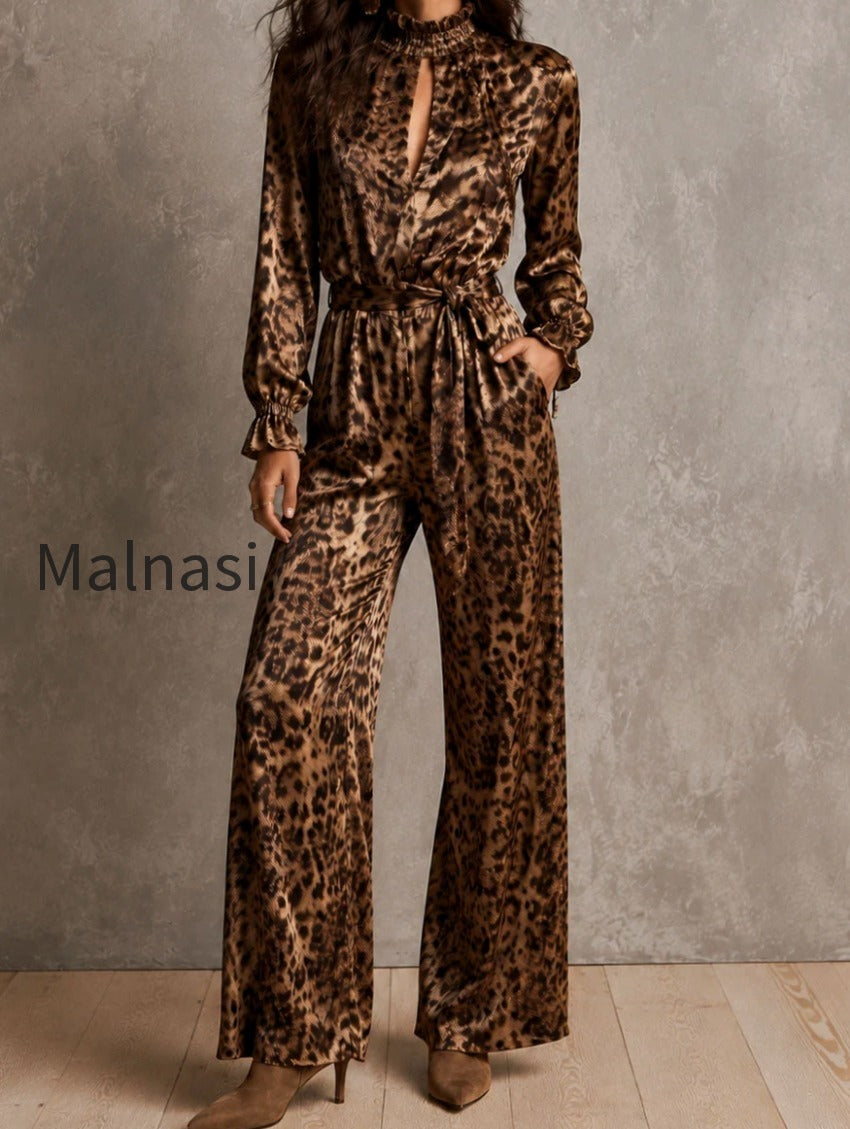 vintage-leopard-satin-frill-neck-belted-long-sleeve-jumpsuit