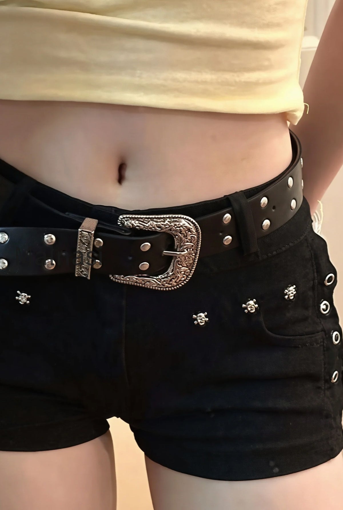 studded-belt-low-rise-denim-shorts