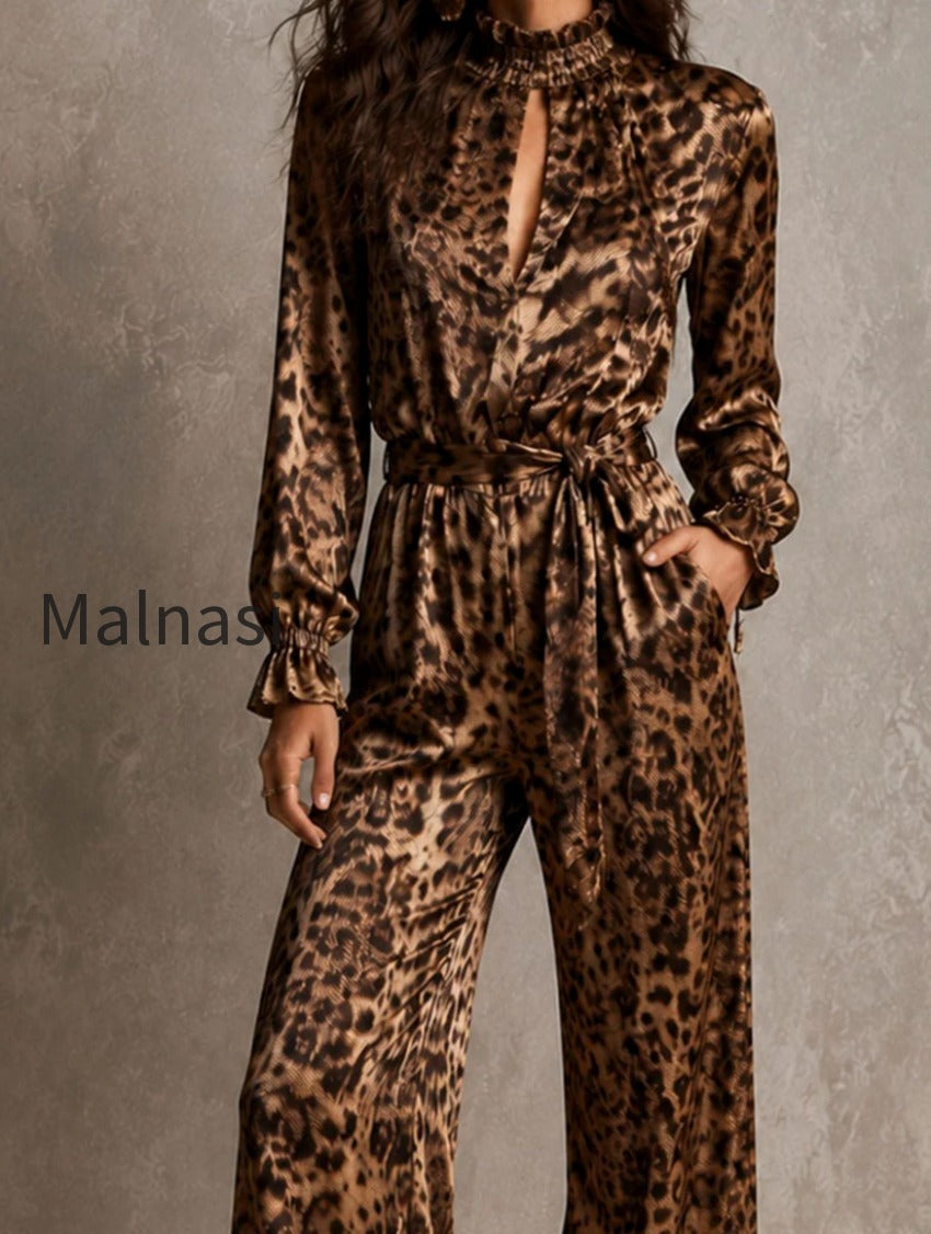 vintage-leopard-satin-frill-neck-belted-long-sleeve-jumpsuit