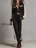 zip-up-collar-cropped-ribbed-jacket-with-lace-patch-sleeve-drawstring-waist-ribbed-wide-leg-pants-two-piece-set