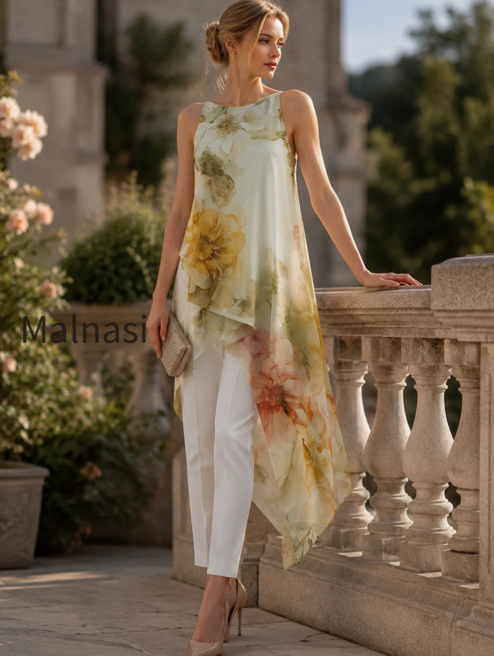 sheer-floral-asymmetric-overlay-top-tailored-pants-set