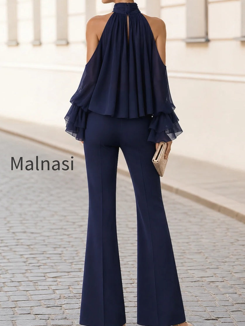 halter-cold-shoulder-ruffle-chiffon-top-front-slit-flare-pants-two-piece-set