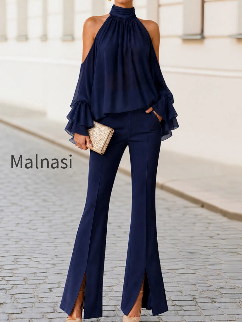 halter-cold-shoulder-ruffle-chiffon-top-front-slit-flare-pants-two-piece-set