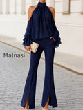 halter-cold-shoulder-ruffle-chiffon-top-front-slit-flare-pants-two-piece-set