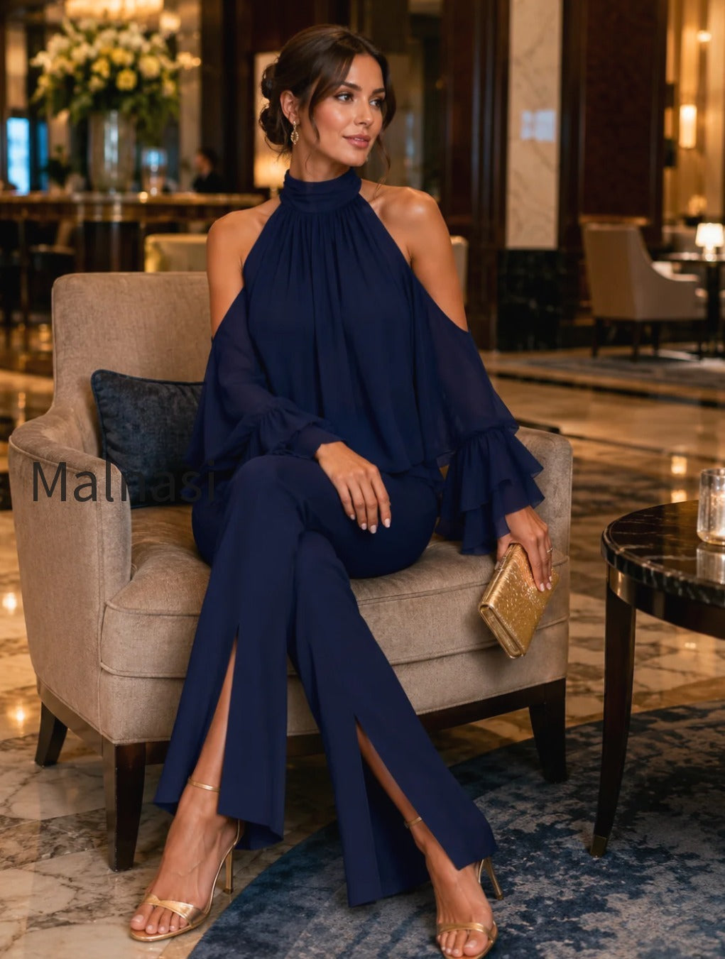 halter-cold-shoulder-ruffle-chiffon-top-front-slit-flare-pants-two-piece-set