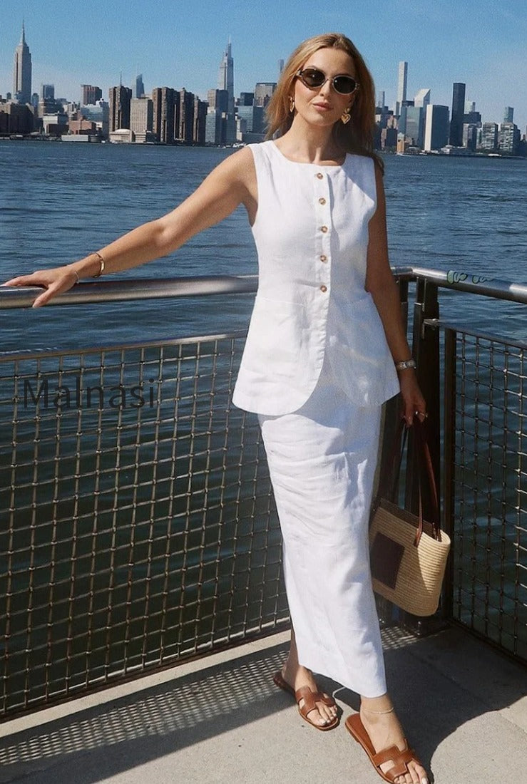 simple-linen-vest-high-waist-skirt-set
