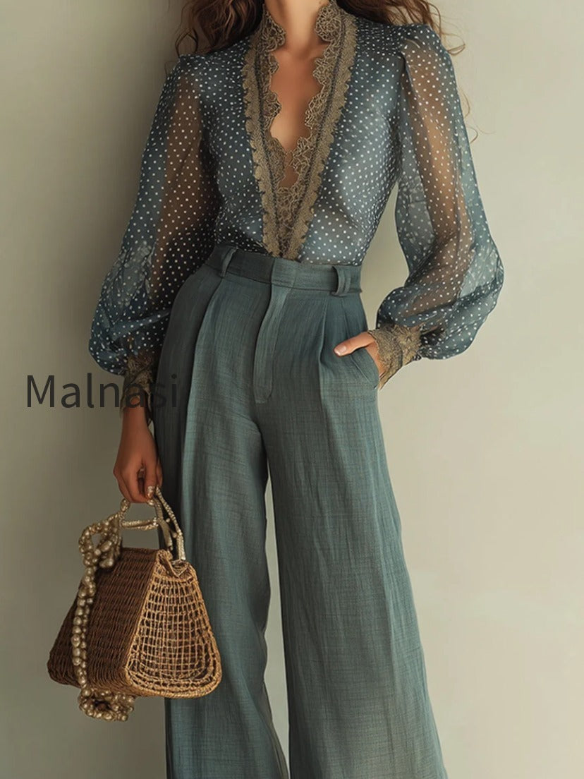 retro-polka-dot-blouse-with-lace-trim-cotton-linen-pants-set