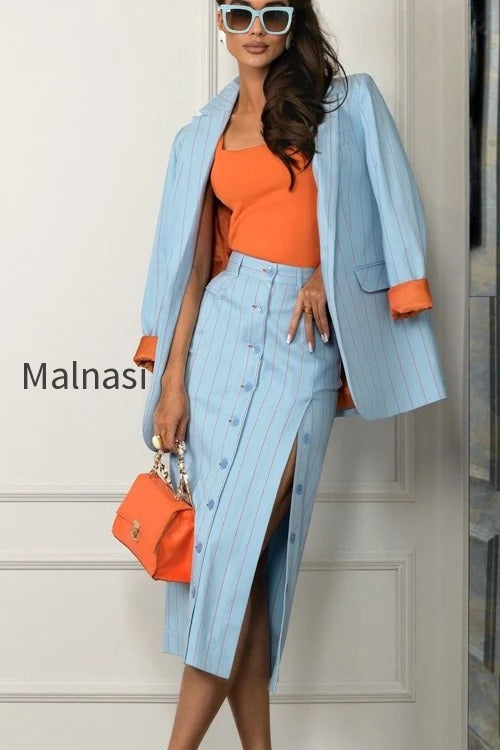 striped-lapel-long-sleeve-blazer-split-bodycon-two-piece-set