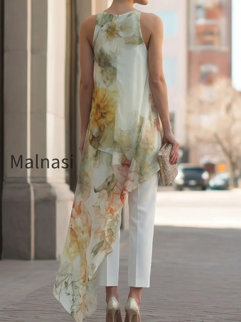 sheer-floral-asymmetric-overlay-top-tailored-pants-set
