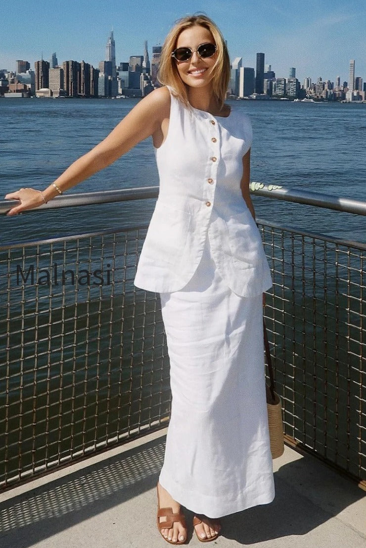 simple-linen-vest-high-waist-skirt-set