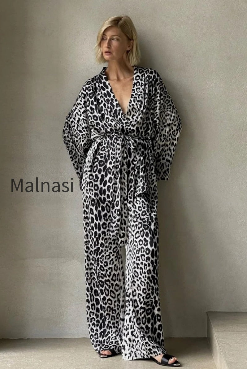 chic-printed-long-sleeve-shirt-belted-wide-leg-pants-two-piece-set