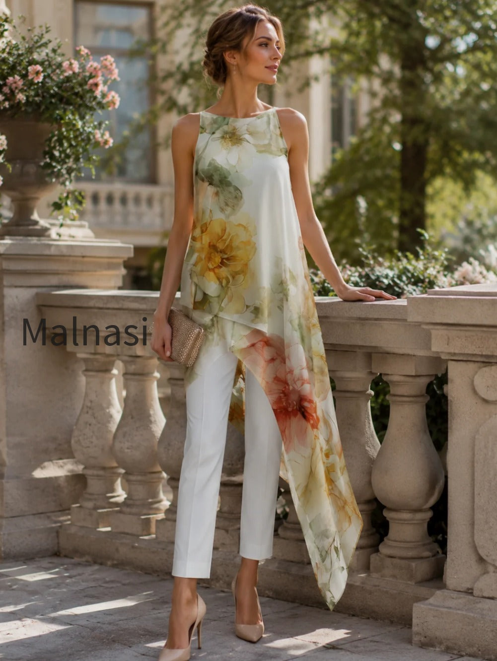 sheer-floral-asymmetric-overlay-top-tailored-pants-set