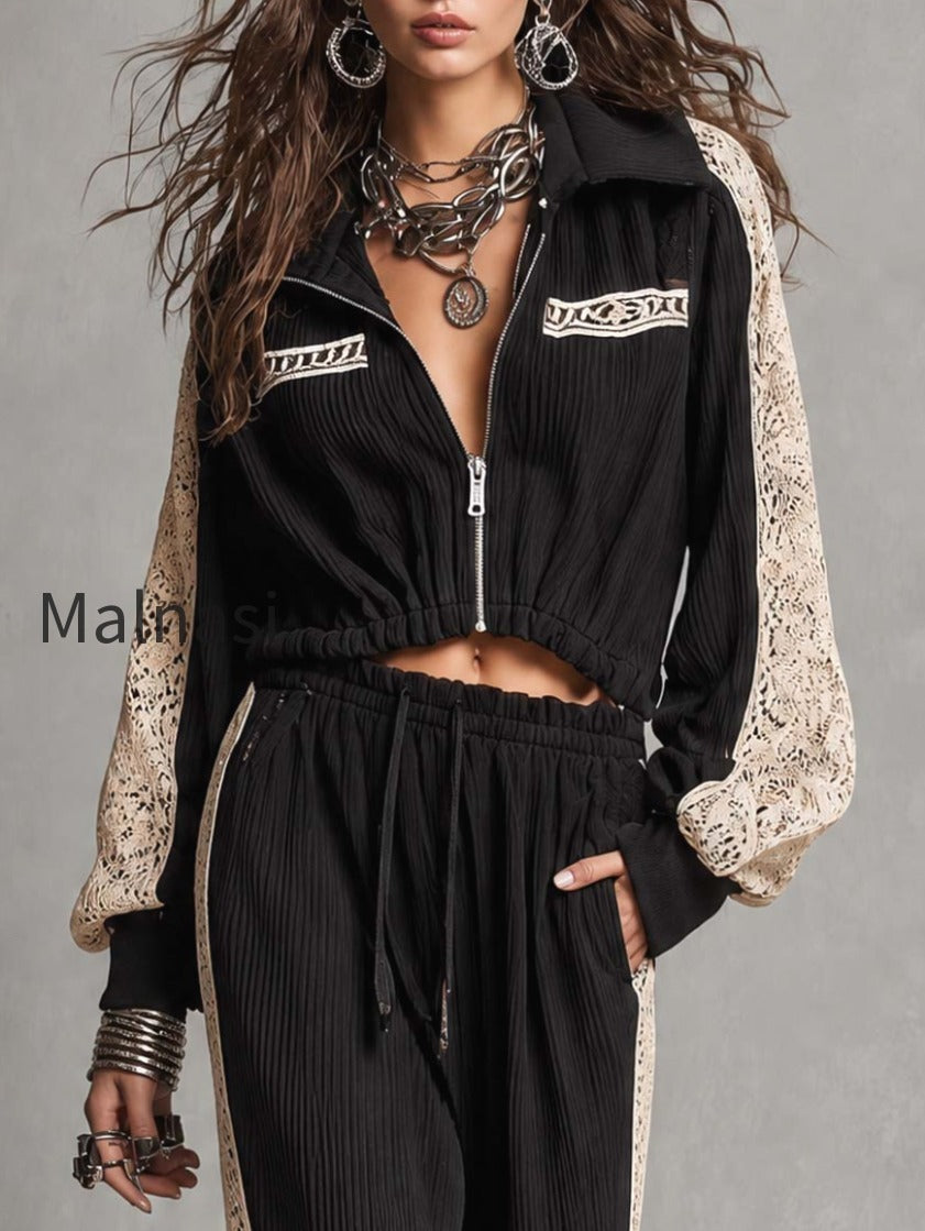 zip-up-collar-cropped-ribbed-jacket-with-lace-patch-sleeve-drawstring-waist-ribbed-wide-leg-pants-two-piece-set