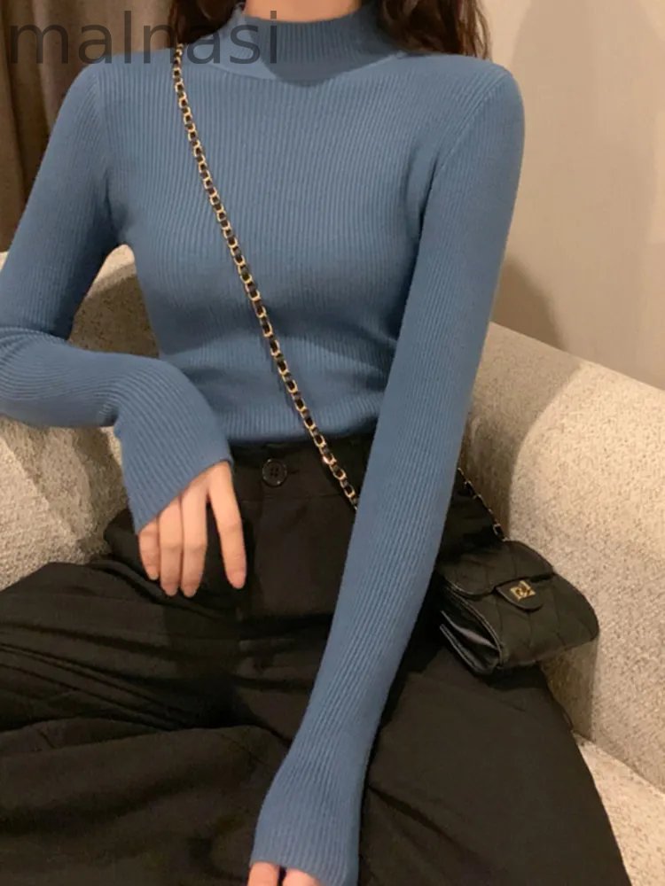 Fashion Long Sleeve Slim High Neck Solid Color Bottom Knit Sweater