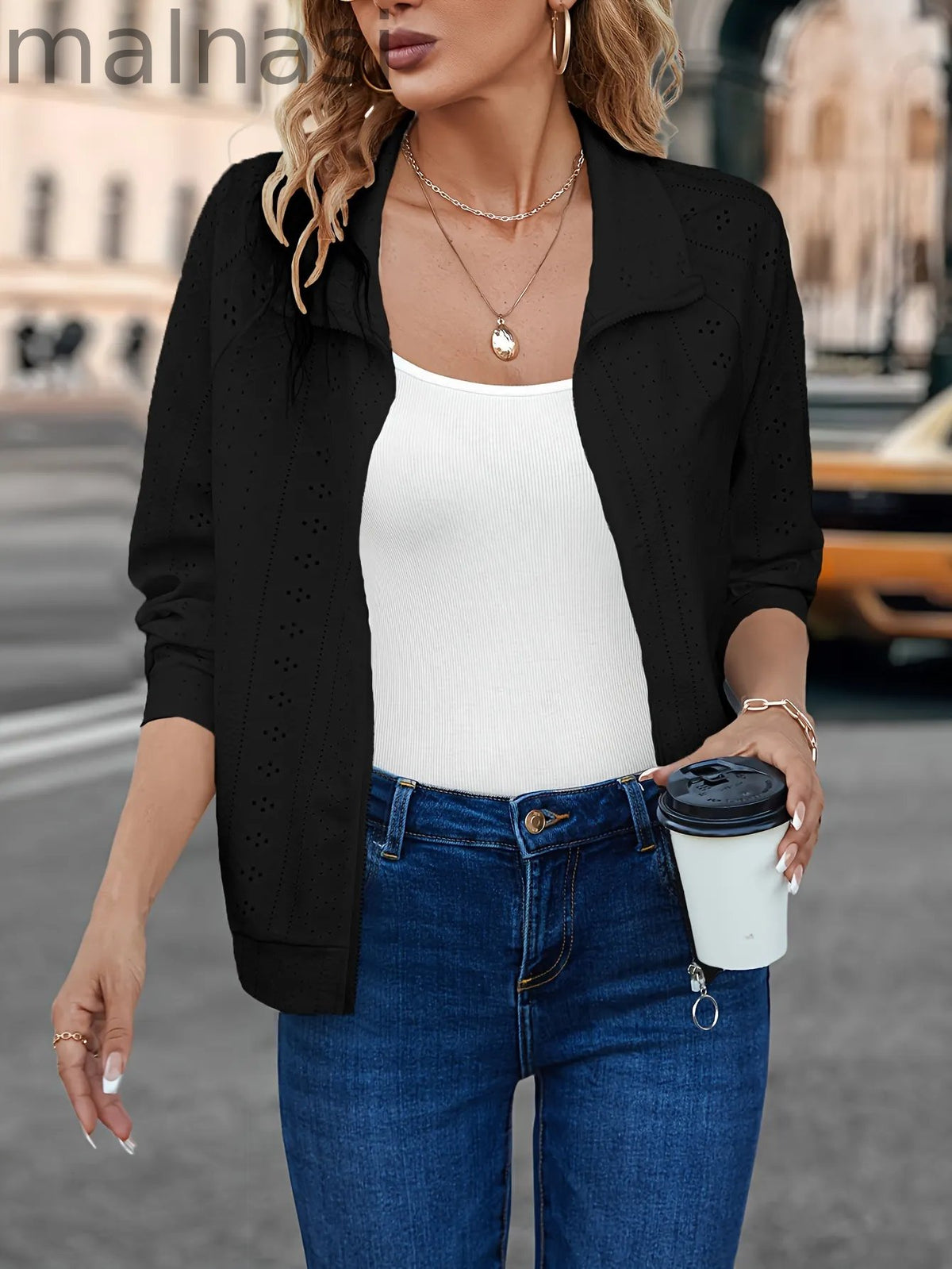 Eyelet Solid Zip Up Jacket, Casual Long Sleeve Comfy Outerwear, Women's Clothing