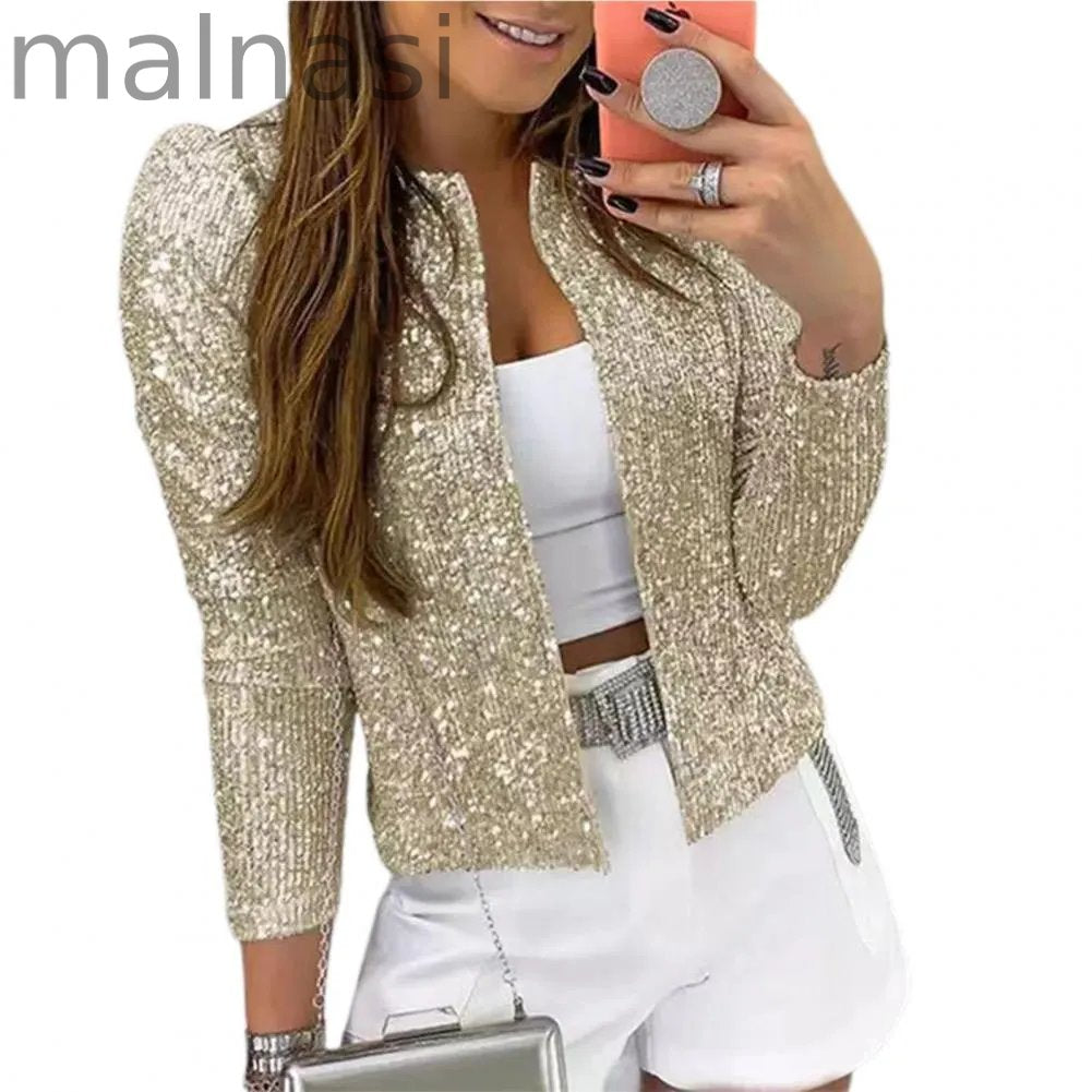 Trendy Party Crew Neck Smooth Sequined Puff Sleeve Jacket