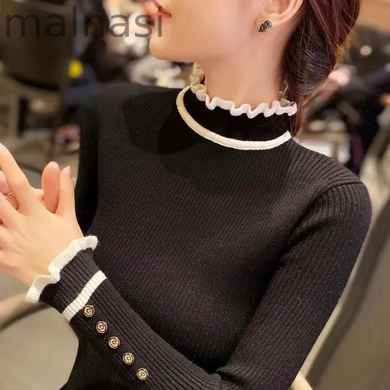 Sleek Button Ruffle Turtleneck Inside Slim Knit Sweaters